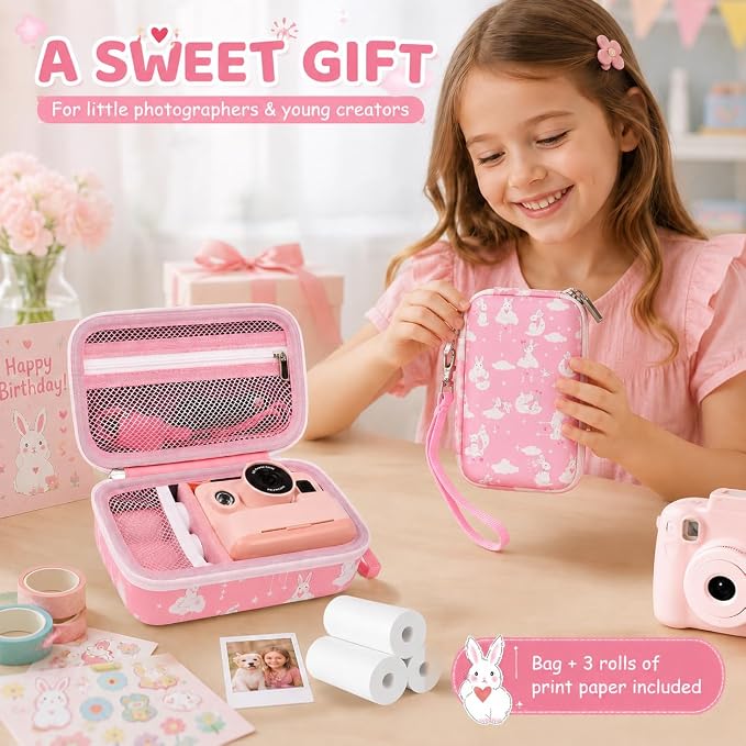 Kids Instant Print Camera Case & 3 Rolls for DYLANTO for ESOXOFFORE | Portable Digital Camera Case for ETIKEZ for YTETCN for DUDUDRAGON with Pocket for Accessories (Box Only)-Pink Rabbit - Image 7