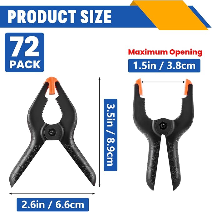 72 Pack 3.5 inch Plastic Spring Clamps, Backdrop Clips | Black Heavy Duty Clips, Plastic Clamps for Crafts, Backdrop Stand, Woodworking, Photography - Image 2