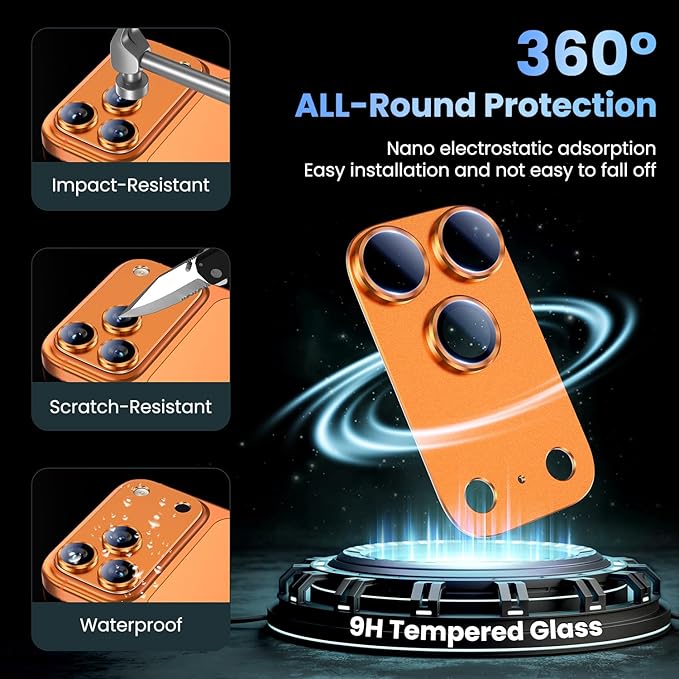Uyiton for iPhone 17 Pro Camera Lens Protector, Metal Frame Glass Cover | Not Easy to Break, Strong Adsorption, Case-Friendly, Metal 9H Sapphire Glass Rear Camera Screen Cover, Cosmic Orange - Image 2