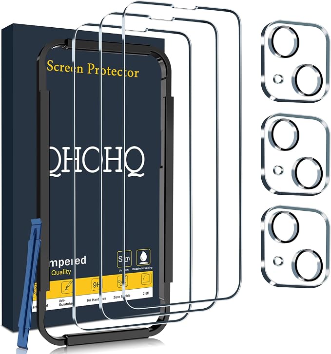 QHOHQ 3 Pack Screen Protector for iPhone 14 / iPhone 13 [6.1 Inch] with 3 Pack Tempered Glass Camera Lens Protector, Ultra HD, 9H Hardness,Case Friendly by QHOHQ