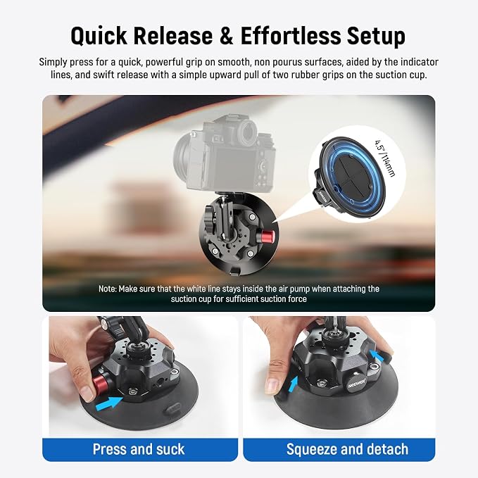 NEEWER 4.5" Suction Cup Camera Mount with Ball Head Magic Arm, CA105 | 1/4" 3/8" ARRI Holes, Quick Release Car Mount, Phone Holder, Action Camera Adapter, Compatible with iPhone DJI Insta360 - Image 4