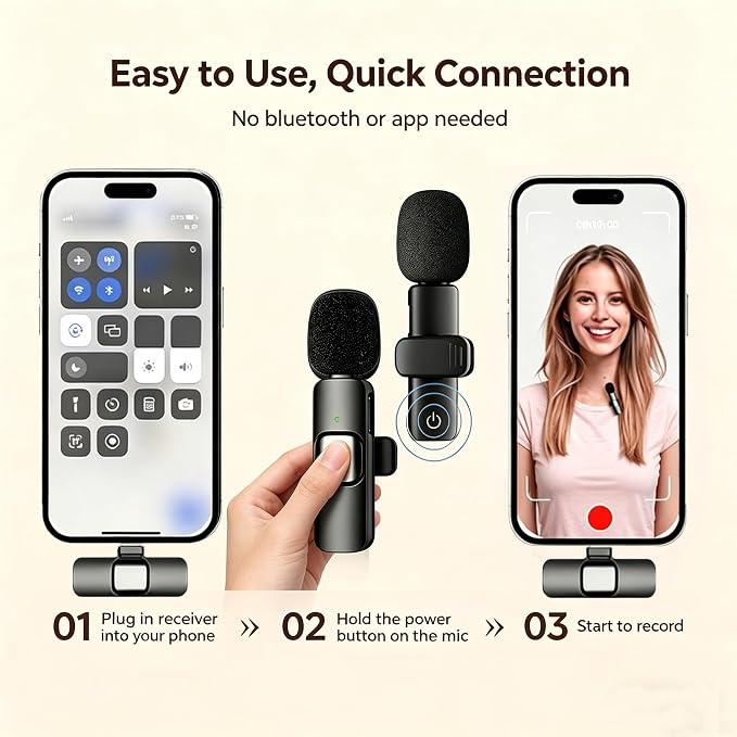 Wireless Lavalier Microphone for iPhone Android, 2Pcs Mini Mic, Plug & Play | Noise Cancelling, 64dB Adaptive, 0.35oz Featherweight, 65ft Range, 6H Battery, for Content Creators Vlogging, YouTube, TikTok - Image 2