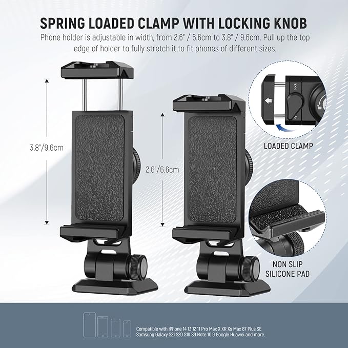 NEEWER Metal Phone Tripod Mount Adapter with Arca QR Base, Cold Shoe, 360° Swivel 180° Tilt, Phone Holder Compatible with iPhone 17 Pro Max 16 15 Samsung Galaxy S25 Ultra S24 - Image 3