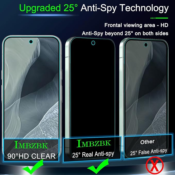 IMBZBK Privacy Screen Protector for Google Pixel 11, 3+3 Pack | 25° Anti Spy, 9H+ Tempered Glass, Military Grade Shatterproof, Auto-Dust Removal, Case Friendly, with Camera Lens Protector - Image 2
