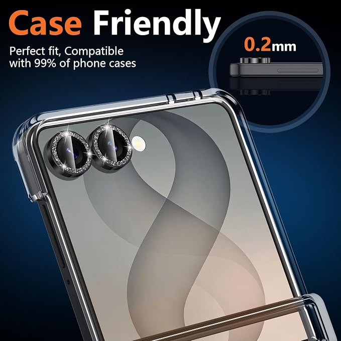 for Samsung Galaxy Z Flip 8 Camera Lens Protector, Individual Metal Ring Tempered Glass Lens Cover, [Strong Adsorption] Scratch Resistant Ultra-Thin HD Clear Lens Cover, 1 Set-Black Sparkly - Image 6
