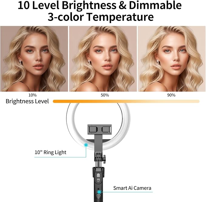 70.9" Auto Face Tracking Tripod with 360 Rotation & 10" Ring Light, Phone Tripod & Selfie Stick with Remote for Cell Phone 4"-7", Motion Sensor for Live Stream Vlog Video Recording - Image 3