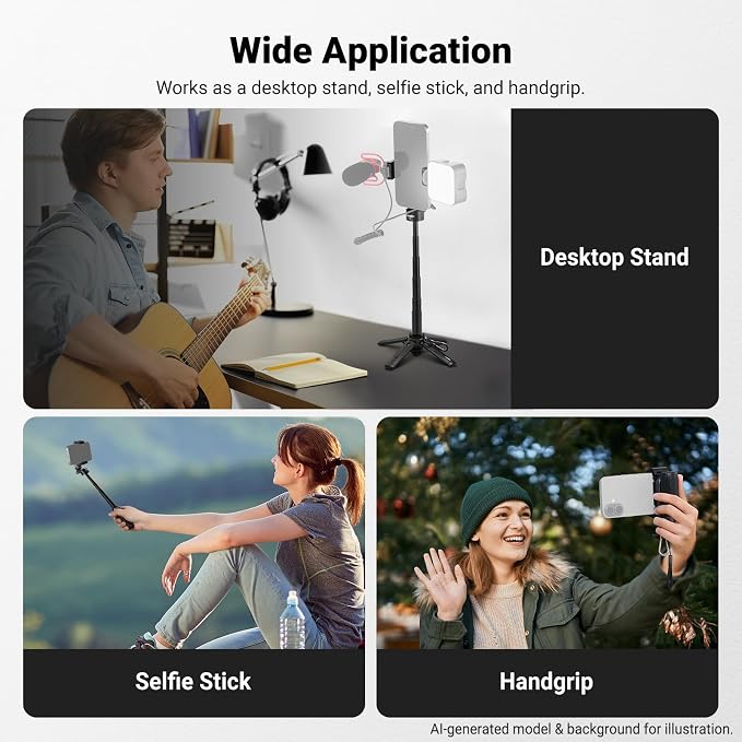 NEEWER Mini Tripod for Phone, Lightweight Foldable Small Selfie Stick Cell Phone Clamp Desk Stand with Remote & Cold Shoe Mounts Compatible with iPhone Android Samsung for Video Recording, PA986 Black - Image 4