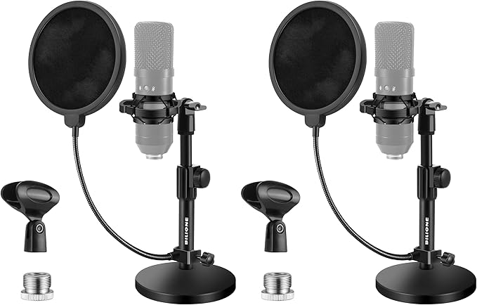 Multifunctional Desktop Microphone Stand, Adjustable Mic Stand Desk with Pop Filter, Shock Mount, Microphone Clip, 5/8" to 3/8" Metal Screw Adapter (Pack of 2) by BILIONE