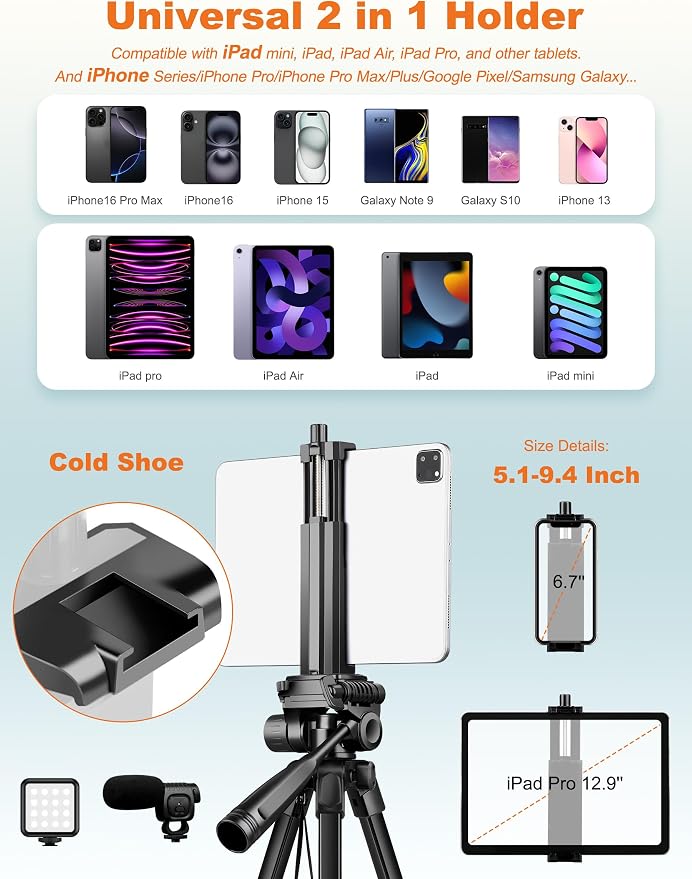 JOILCAN Phone Tripod Stand, 68" Tripod for iPad iPhone Tablet with Remote | Travel Aluminum Tripod with Tablet Holder Carry Bag for Video Recording Photos Vlog Compatible with iPad Pro iPhone Camera - Image 6