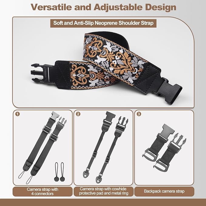 Adjustable Camera Neck Strap, Vintage Embroidered Shoulder & Crossbody Camera Strap with 4 Connection Ways, Anti-Slip Camera Strap for DSLR, Mirrorless & Camcorder, Travel & Outdoor Photography Gear - Image 4