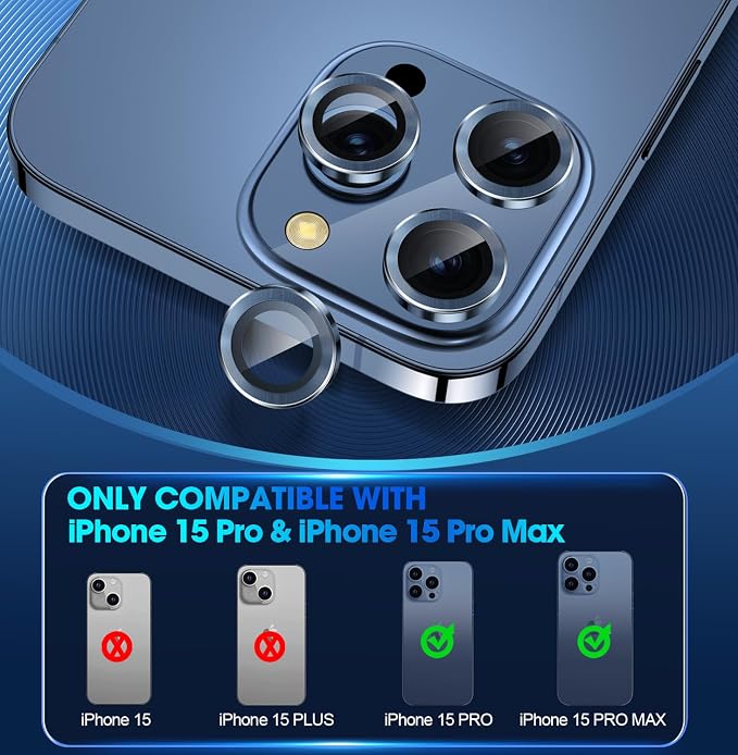 for iPhone 15 Pro/15 Pro Max Camera Lens Protector Cover, Blue | Individual Metal, 9H Hardness, Scratch Resistant, Shockproof, Drop Protection, Case Friendly, Stylish Accessories - Image 2