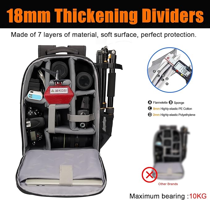 CADeN Camera Backpack Bag with Laptop Compartment 15.6" for DSLR/SLR Mirrorless Camera Waterproof, Camera Case Compatible for Sony Canon Nikon Camera and Lens Tripod Accessories Black - Image 5