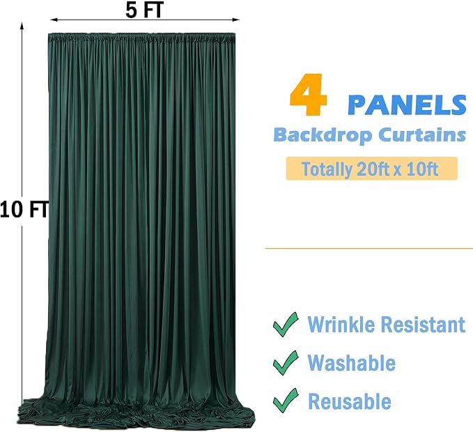 20ftx10ft Wrinkle Free Hunter Green Backdrop Curtains for Party Background, 4 Panels Silky Fabric Green Photo Backdrop Drapes Back Drop Cloth for Wedding Birthday Photography Baby Shower Decor - Image 6