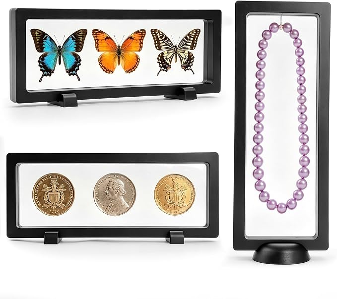 6 Pcs 3D Floating Frame Case, Clear Challenge Coin Display Stand | 2 Bases Option, Transparent PE Film Storage Box Holder for Jewelry, Medals, Specimens, Rocks, Fossils, Gemstones - Image 2