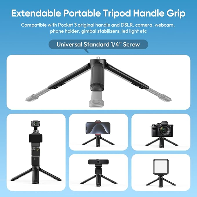 Mini Tripod Handle Kit for DJI Osmo Pocket 3/4/4P/Xtra Muse | Quick Release, Charge While Shoot, 2-in-1 Tripod/Handle, Action Camera Adapter, 1/4" Thread, Extendable, Portable - Image 6