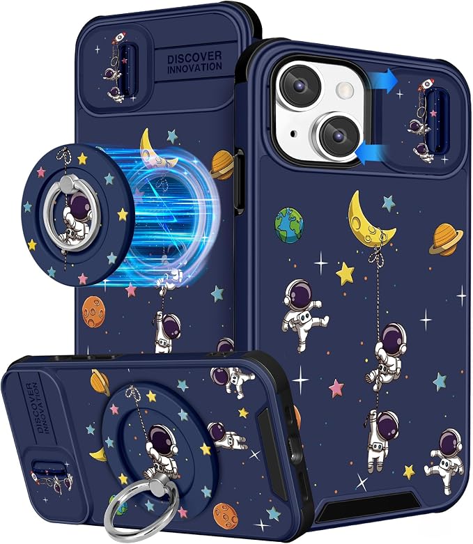 Buleens for iPhone 14 Case 6.1 Inch - with Ring Stand & Camera Cover Aesthetic Cute Designed for Women Girls Cartoon Astronaut for Phone Case for iPhone 14 Compatible with Magsafe by Buleens