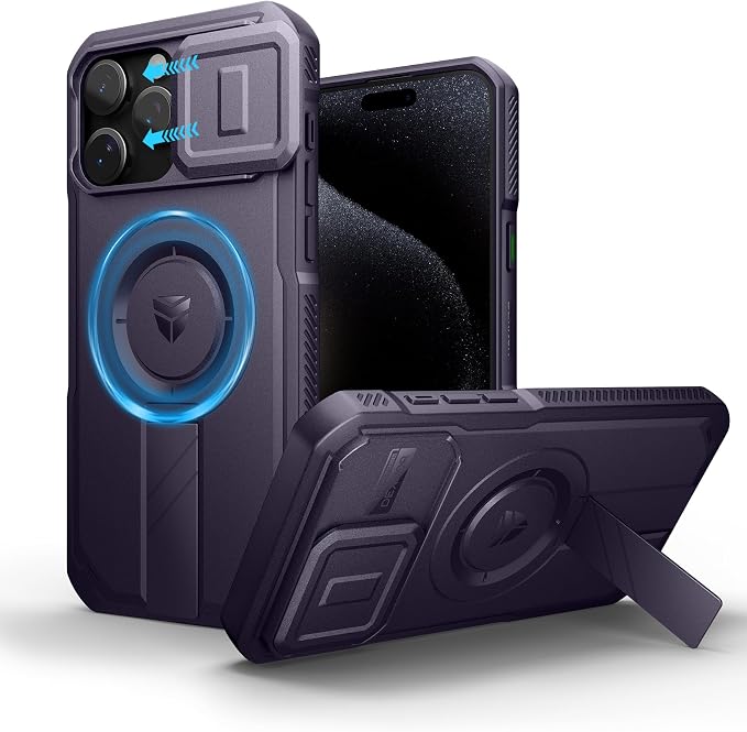 Dexnor for iPhone 15 Pro Max Case with Slide Camera Cover & Adjustable Kickstand, Compatible with MagSafe, Rugged Shockproof Bumper Cases Heavy-Duty Magnetic Protective Cover,6.7 inch,Phantom Purple by Dexnor