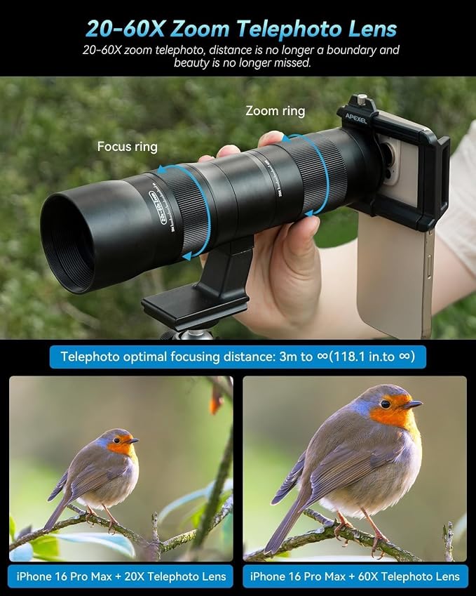 20-60X Zoom Telephoto Lens, Evil Eye High Power HD Telephoto Phone Lens with Tripod and Universal Phone Clip for iPhone 16/15/14/13 Series, Samsung, Android Phone and Most Smartphone - Image 3