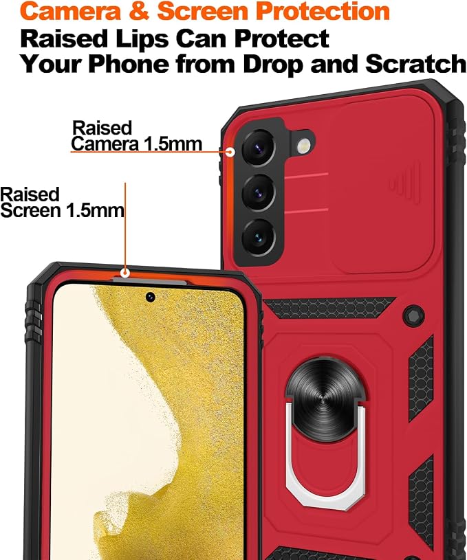 Gritup for Samsung Galaxy S22 Case with Slide Camera Cover & Screen Protector*2, 360 Rotating Ring Kickstand, Military Grade Protective Case for S22 Phone, Red+Black - Image 5