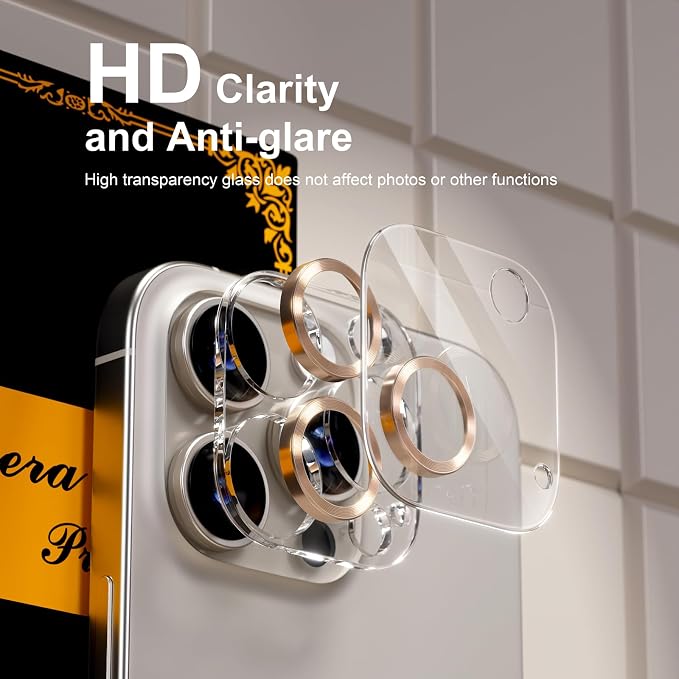 for 6 Pack iPhone 15 Pro/iPhone 15 Pro Max Camera Lens Protector [Drop Protection] [Case Friendly] [Easy Installation] 9H Tempered Glass Camera Screen Protector Cover, CD Gold - Image 7