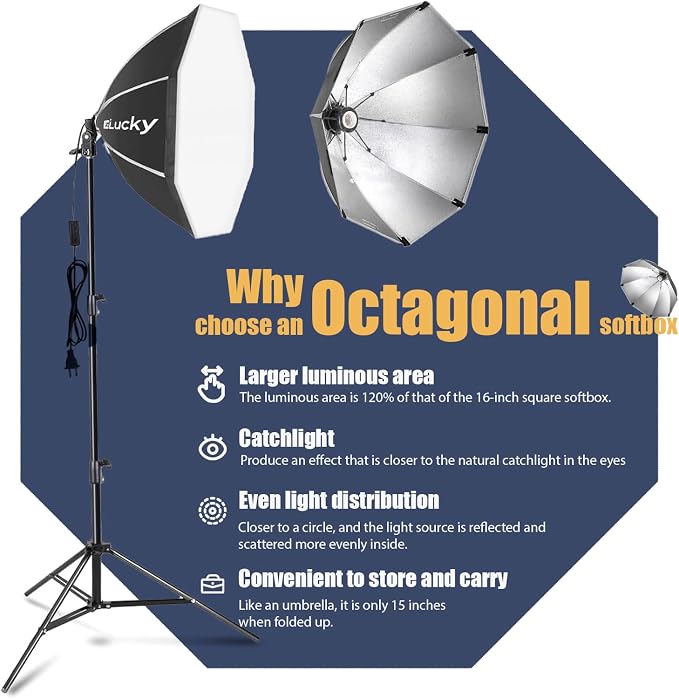 EZLucky 20" Octagonal Softbox Lighting Kit with 85W Dimmable LED Bulb | 85W bi-color softbox light with remote, 25–60" stand, and carrying bag for portraits, video, streaming, and products - Image 7