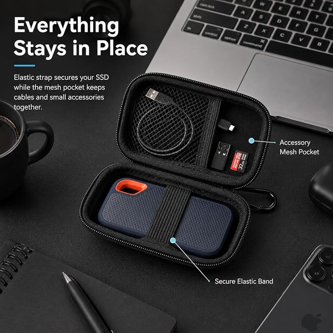 PAIYULE Hard Drive Case for SanDisk Extreme Portable SSD &Extreme PRO SSD | Elastic Strap Secures the SSD, Mesh Pocket Organizes Cables, Carabiner Adds Portability, Case Only(Fullblack, For Sandisk V2) - Image 5