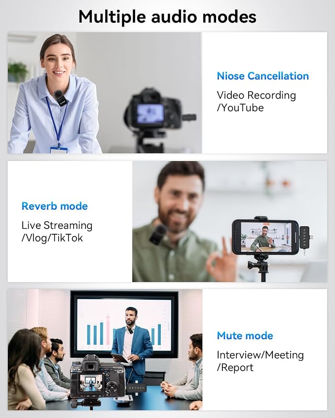 PQRQP 3 in 1 Wireless Lavalier Microphone for iPhone Android & Camera, Mini Clip-On Mic for Video Recording TikTok YouTube Interview, Noise Cancelling, 328ft Range, 18H Battery - Image 7