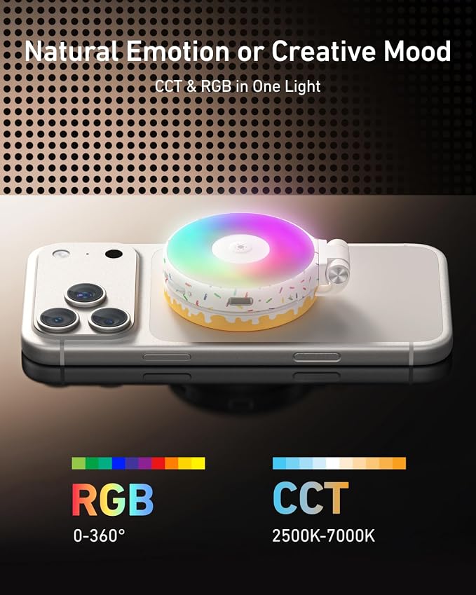 TELESIN Magnetic Selfie Light for iPhone Magsafe and Android | 360° Rotating Full Color RGB Phone Light with Mirror & Stand, LED Selfie Ring Fill Light for Pictures, TikTok, Vlog, Makeup - Image 2
