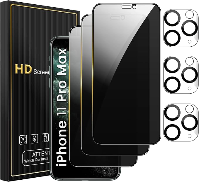 Romkasi 3 Pack Privacy Screen Protector for iPhone 11 Pro Max 6.5 Inch with 3 Pack Camera Lens Protector, Anti Spy Tempered Glass Film, Anti-Scratch, Touch Sensitive, Case Friendly by Unknown