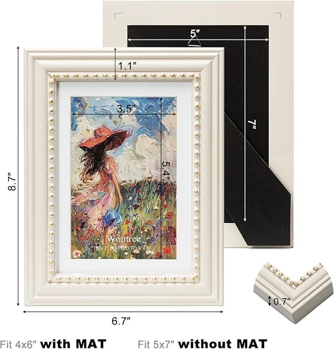 5x7 Picture Frame in Beige with Classic Gold Beaded Border, Solid Wood with Real Glass, Display 5x7 Photos Matted to 4x6, Vertical and Horizontal Desk Tabletop or Wall Hanging - Image 3