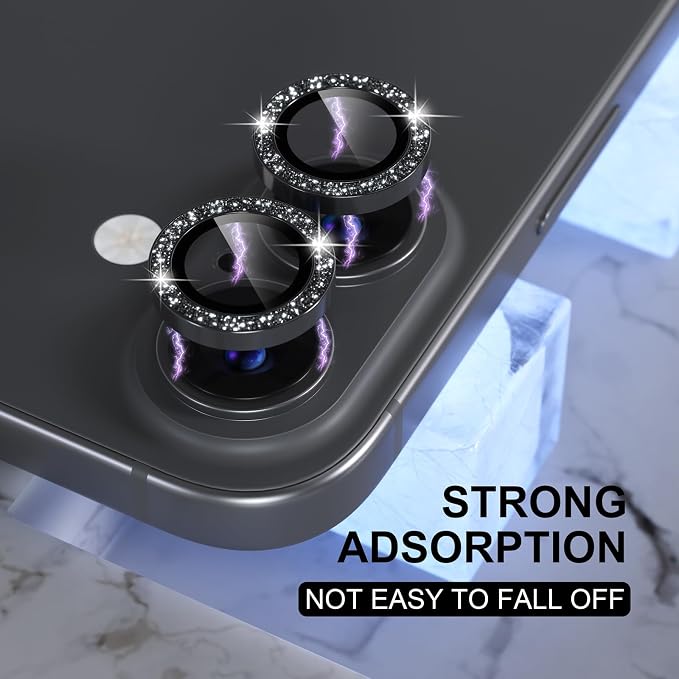 Choiche for iPhone 16/16 Plus Camera Lens Protector Bling, Glitter-Black | Ultra HD, 9H Tempered Glass Camera Cover Screen Protector Metal Individual Ring Decoration Accessories, 2-Lens, 6.1/6.7-inch - Image 6