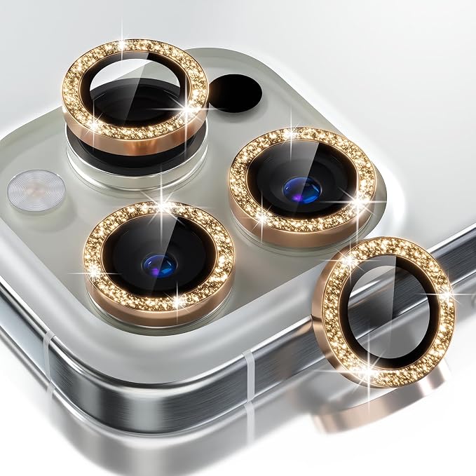 Choiche for iPhone 16 Pro/iPhone 16 Pro Max Camera Lens Protector | Ultra HD, Bling 9H Tempered Glass Camera Cover Screen Protector Metal Ring Decoration Accessories (Glitter-Gold) by Choiche