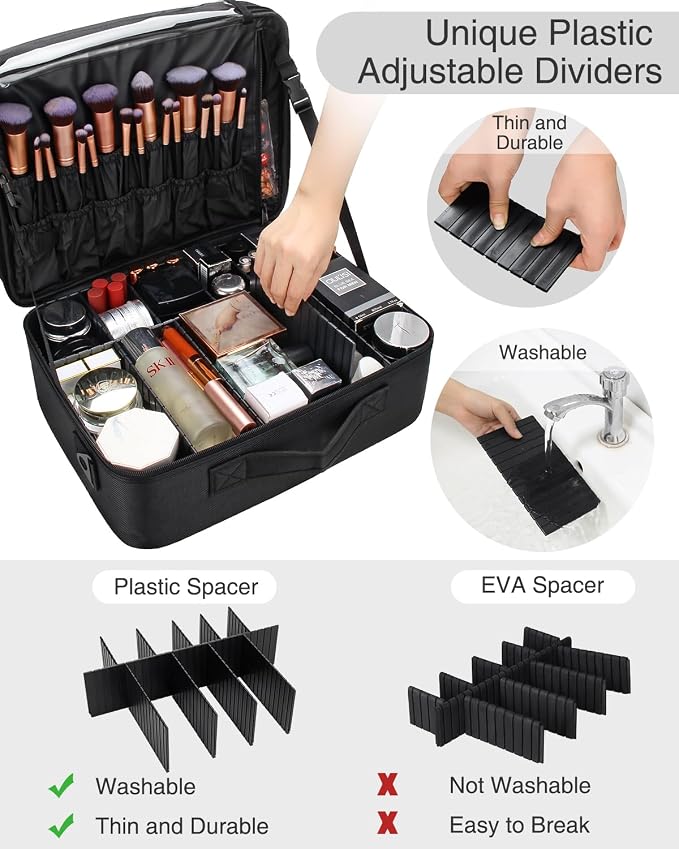 Relavel Makeup Case Extra Large Makeup Bag for Women Travel Makeup Artist Box Nail Polish Cosmetic Brush Storage Organizer with Adjustable Plastic Dividers Black - Image 2