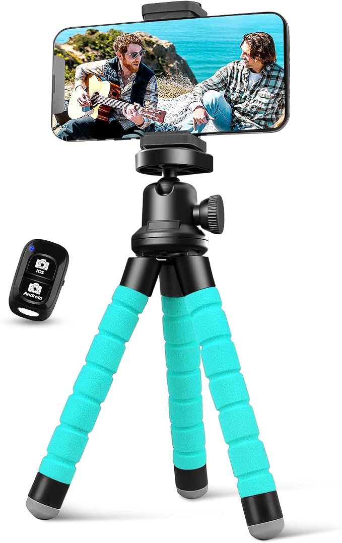 Aureday Phone Tripod, Flexible Tripod for iPhone and Android, Portable with Wireless Remote and Clip for Video Recording/Vlogging/Selfie (Blue) by Aureday