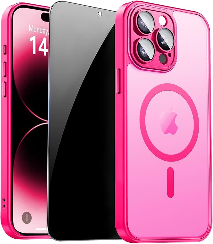for iPhone 14 Pro Max Case with Privacy Screen Protector, Hot Pink | Full Camera Protection, Translucent Matte Magnetic, Compatible with MagSafe, Shockproof Phone Cover, Slim Fit Women/Girls by ZOZDOKG