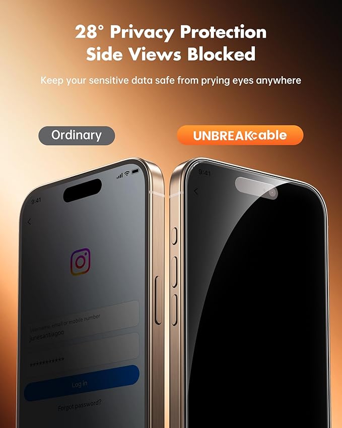 UNBREAKcable Privacy Screen Protector for iPhone 16 Pro, 2-Pack | True 28° Anti-Spy, Shatterproof Tempered Glass, 9H Hardness, Easy Install, Bubble-Free, Anti-Scratch, Case Friendly - Image 2