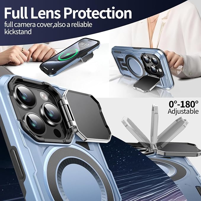 Camera Stand Case for iPhone 15 Pro, [Compatible with MagSafe] [Lens Cover] 2024 Version Military Grade Protective Soft Case for iPhone 15 Pro 6.1 inch Men Women, Blue - Image 3