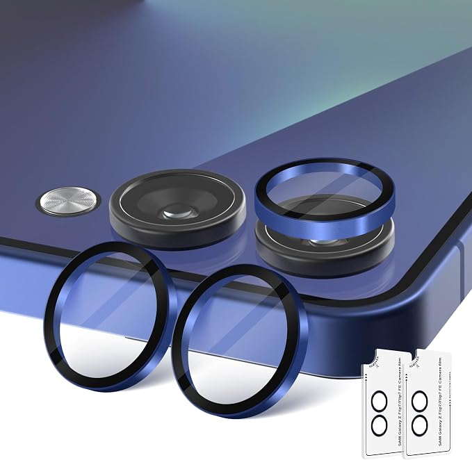 (2 Sets) Orzero Camera Lens Protector for Samsung Galaxy Z Flip 7/7 FE, [EZ Install] [Case-Friendly] 9H Tempered Glass Alloy Metal Ring Lens Cover, Military-Grade Shockproof, HD Clarity Anti-Glare (Blue) by JumpIntoOrzeroLet%E2%80%99sExploreLikeNeverBefore