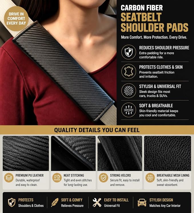 Carbon Fiber Leather Seat Belt Covers - 2Pcs, Seat Belt Pads to Comfort Neck & Shoulder, Universal Fit for Car, Truck, SUV, Camera & Backpack Straps - Image 3