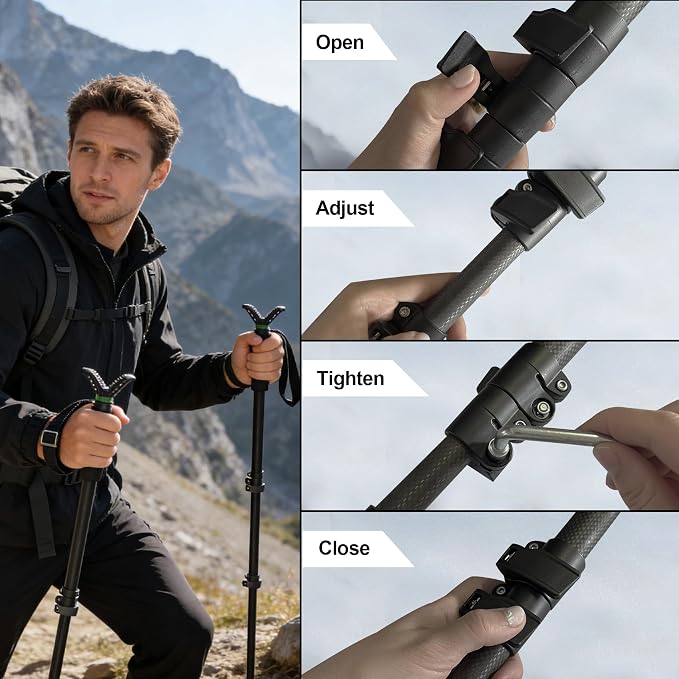 UUQ M4 Carbon Fiber Monopod Shooting Stick and Gun/Rifle Rest, 4-Section Adjustable Height, Durable and Lightweight Versatile Trekking Pole, Portable Compact for Hunting, w/Spike Foot - Image 5
