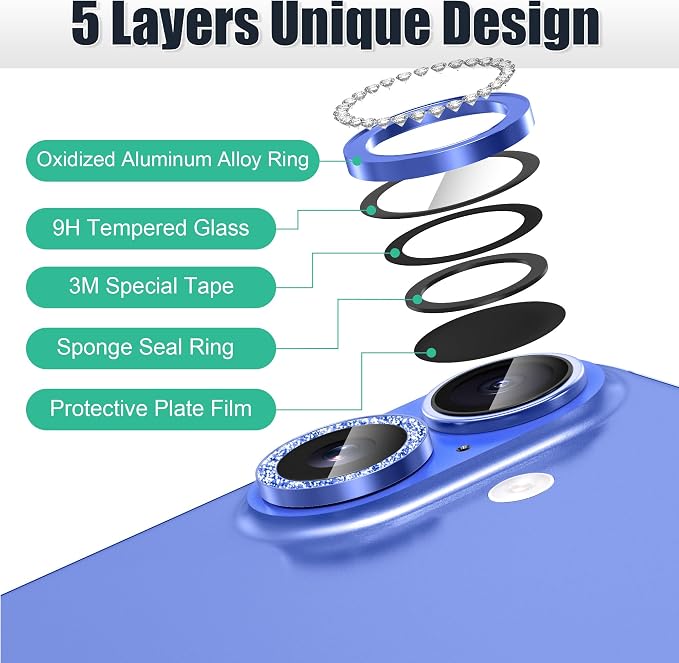 AGVEE 3+3 6 Pack for iPhone 16/16 Plus Camera Lens Protector Cover | Individual Bling Diamond & Bling Glitter Sparkle Cute Gem Metal Ring, 9H Tempered HD Glass - Image 7