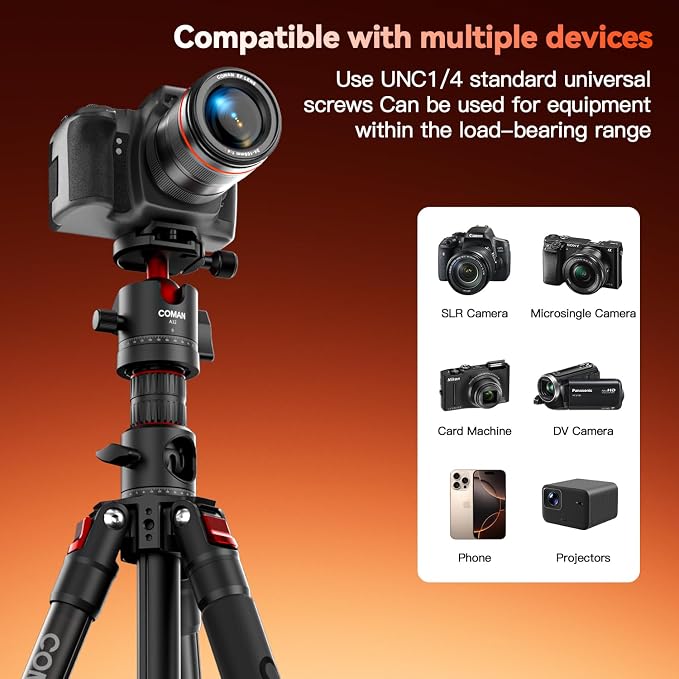 72" Overhead Tripod, Camera Tripod with Center Column and 360 Degree Ball Head, Detachable Monopod with Arca QR Plate, Horizontal Tripod for Camera, DSLR, Max Load 11 lbs - Image 3