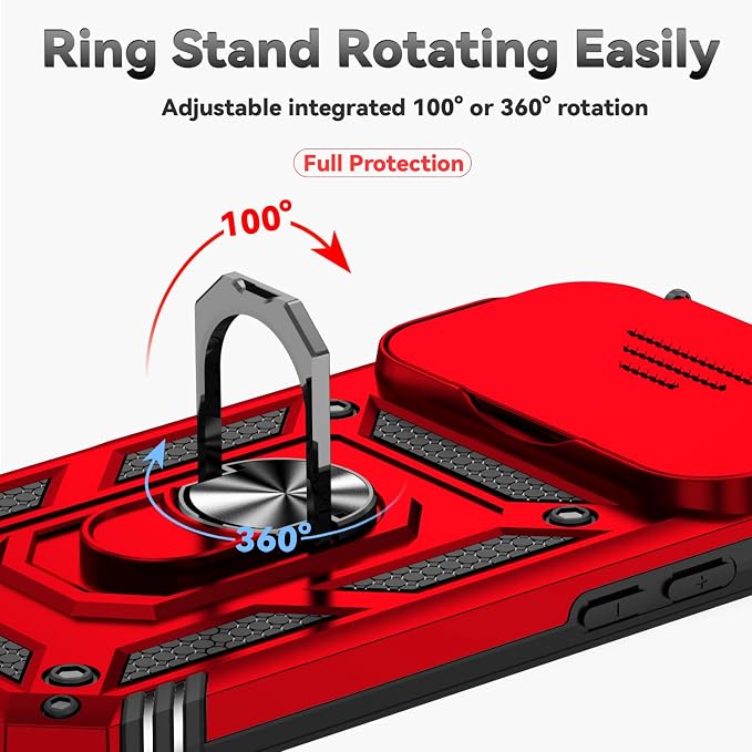 SunStory Phone Case for iPhone 17 Pro Case with HD Screen Protector & Slide Camera Cover & Rotated Ring Kickstand, [Military-Grade] Phone Case for iPhone 17 Pro, Red - Image 4