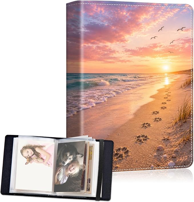 DEGDFSGR 4x6 Small Photo Album, 60 Pockets Holds 120 Photos | Slip-in pockets, black elastic band, portable for family, wedding, baby, travel photos, Sunset Beach Ocean Waves Paw Prints by Unknown