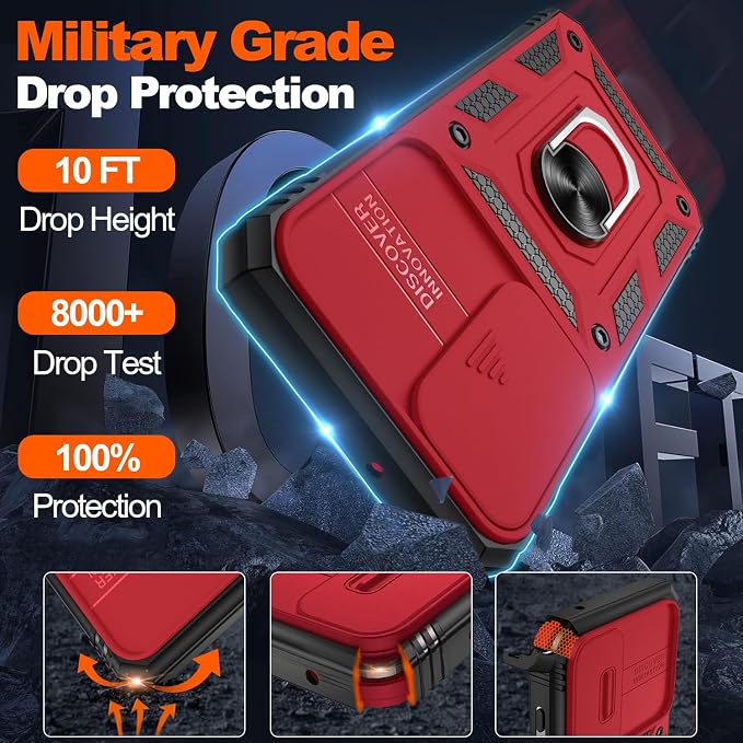 Gritup for Samsung Galaxy S22 Case with Slide Camera Cover & Screen Protector*2, 360 Rotating Ring Kickstand, Military Grade Protective Case for S22 Phone, Red+Black - Image 3