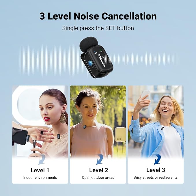 NEEWER KM19 Mini Lav Mic Compatible with iPhone 17 16 15, Black | Noise Canceling Wireless Lapel Microphone with App Control, 30h Battery, 100m Range, Compatible with iPhone Android PC - Image 4
