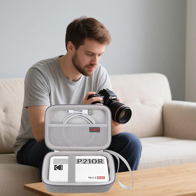 Elonbo Carrying Case for KODAK Mini 2 Retro 2x3 Portable Photo Printer | Bluetooth Smartphone Instant Color Printer Hard Travel Protective Bag, Mesh Pocket fits Cartridge Photo Paper Sheets, Grey - Image 9