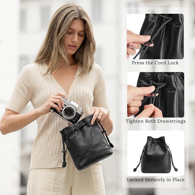 S-ZONESoft Leather Camera Insert Bag Drawstring Camera Pouch DSLR Lens Case | Top Grain Lambskin Leather, Drawstring Closure, Dust-proof, Scratch-resistant, Compatible with Canon Nikon Sony - Image 5