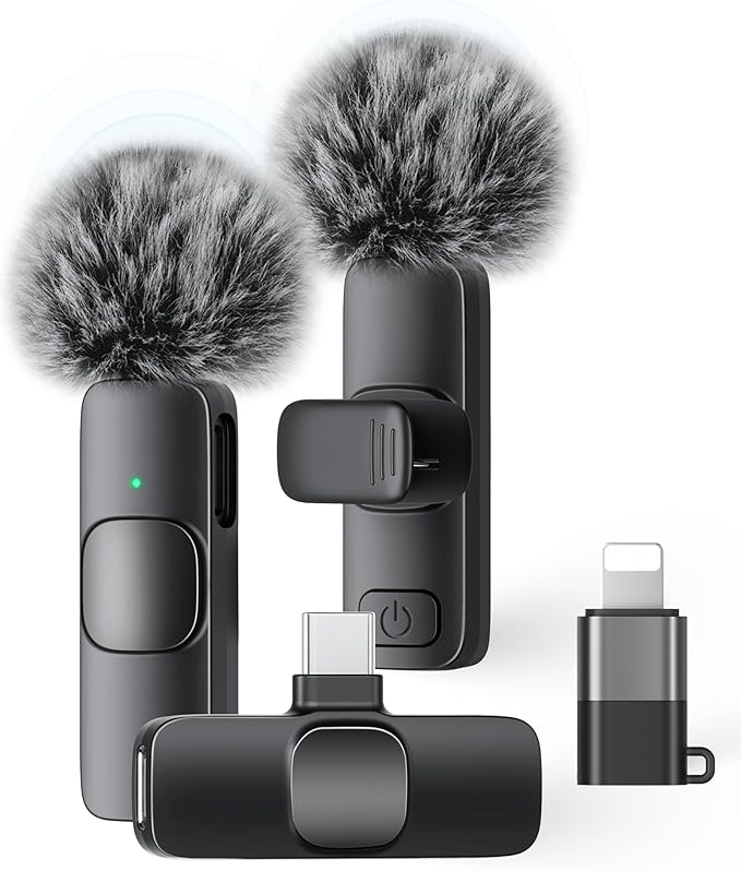 Wireless Lavalier Microphone for iPhone iPad Android, 2 Pack Noise Reduction Lapel Mic Plug and Play for Video Recording Interview Podcast YouTube (Black) by KUKIHO