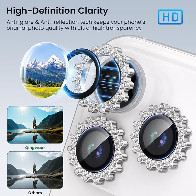Compatible for iPhone 17 Pro/17 Pro Max Camera Lens Protector, Explosion-Proof 9H Tempered Glass with Diamond Gear Metal Ring, HD Anti-Scratch Lens Protection Decoration Accessories (Silver) - Image 4